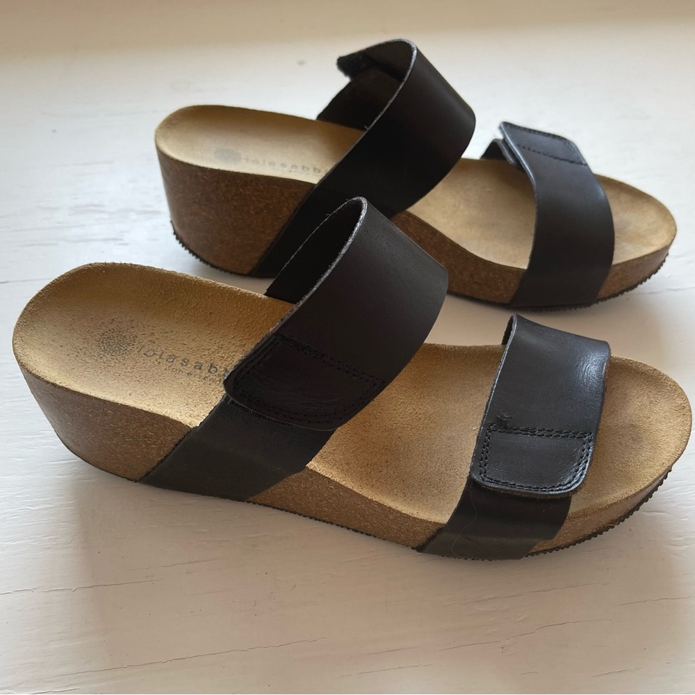 Size 40- Women’s Lola Sabbia Cork Black Leather Adjustable Strap Wedge Sandals